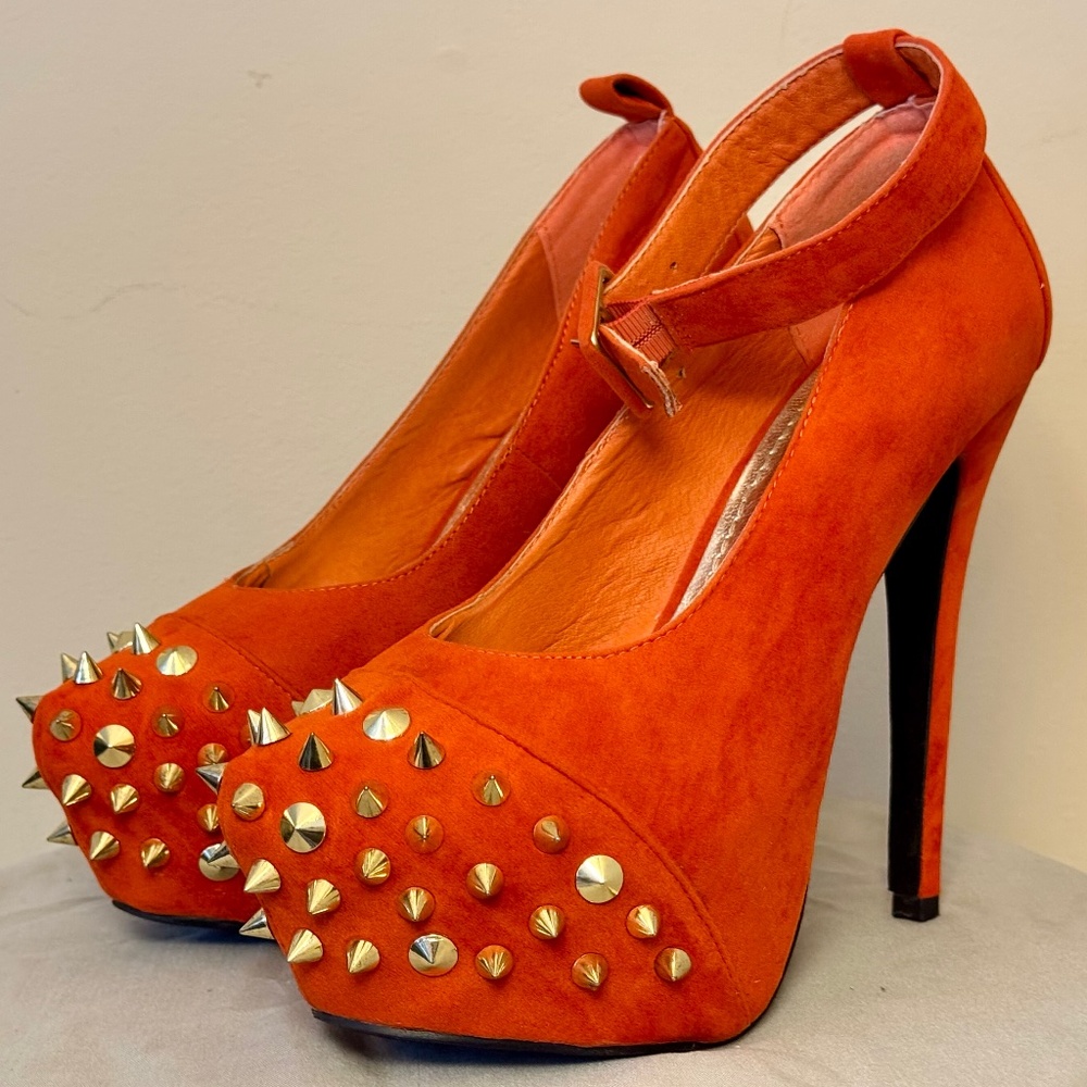 Orange with gold spikes stiletto heels